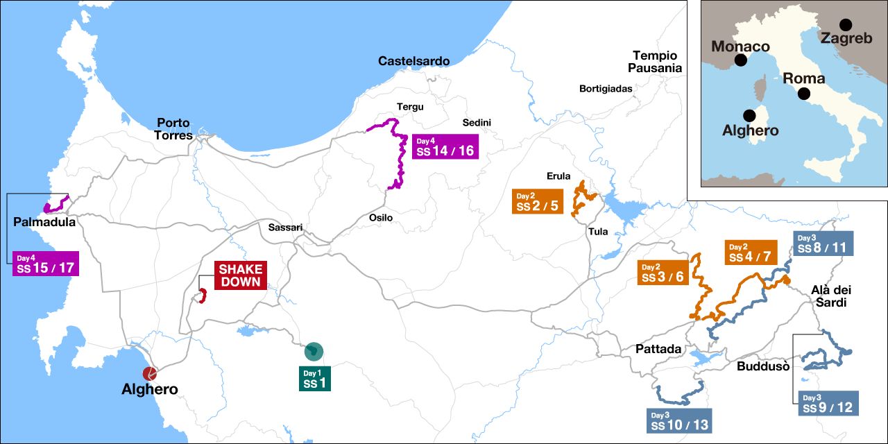 Mapa del norte de Cerdeña con los tramos del rally, de Alghero a Budduso